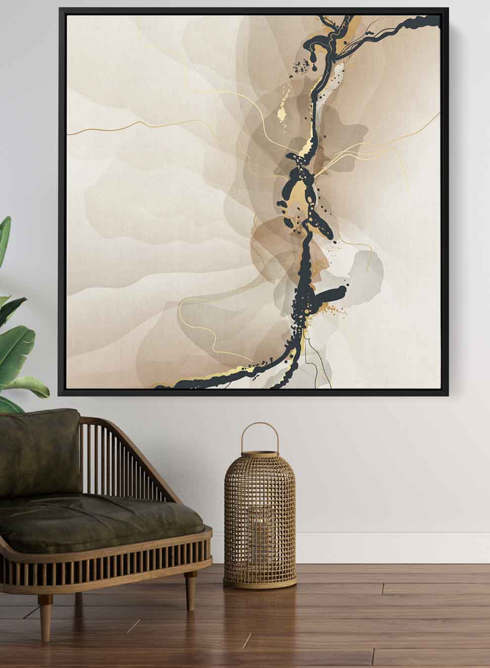 Square Canvas Wall Art Stretched Over Wooden Frame with Black Floating Frame and Brown Abstract Painting Paintings & Pictures| LOWHA