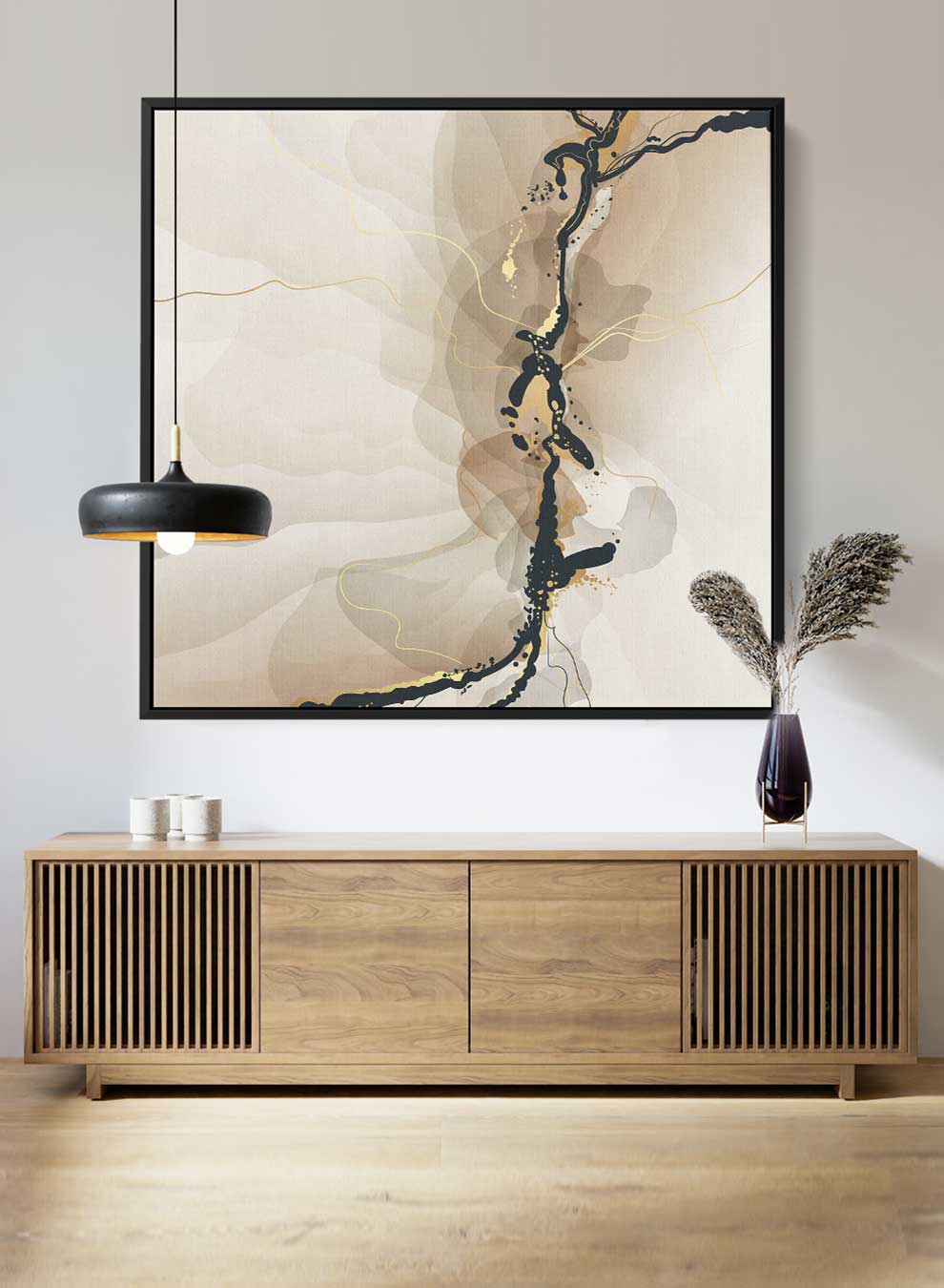 Square Canvas Wall Art Stretched Over Wooden Frame with Black Floating Frame and Brown Abstract Painting Paintings & Pictures| LOWHA