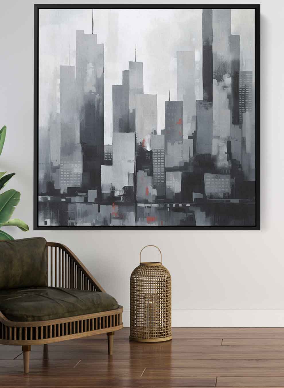 Square Canvas Wall Art Stretched Over Wooden Frame with Black Floating Frame and Cityscapes Of The City Painting Paintings & Pictures| LOWHA