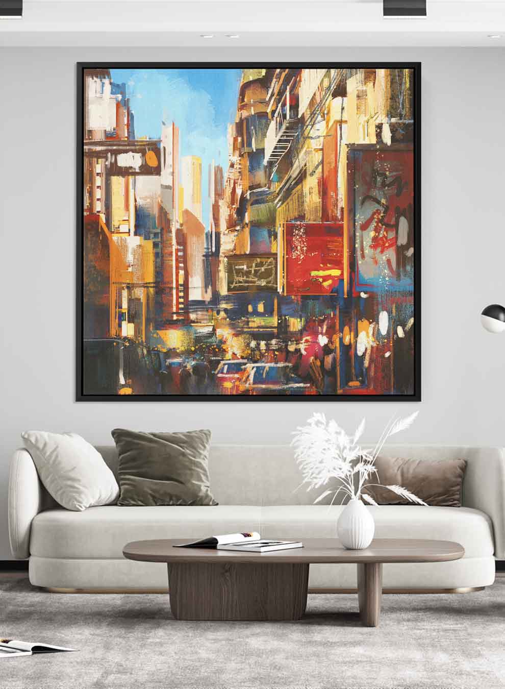 Square Canvas Wall Art Stretched Over Wooden Frame with Black Floating Frame and Colorful City View Painting Paintings & Pictures| LOWHA
