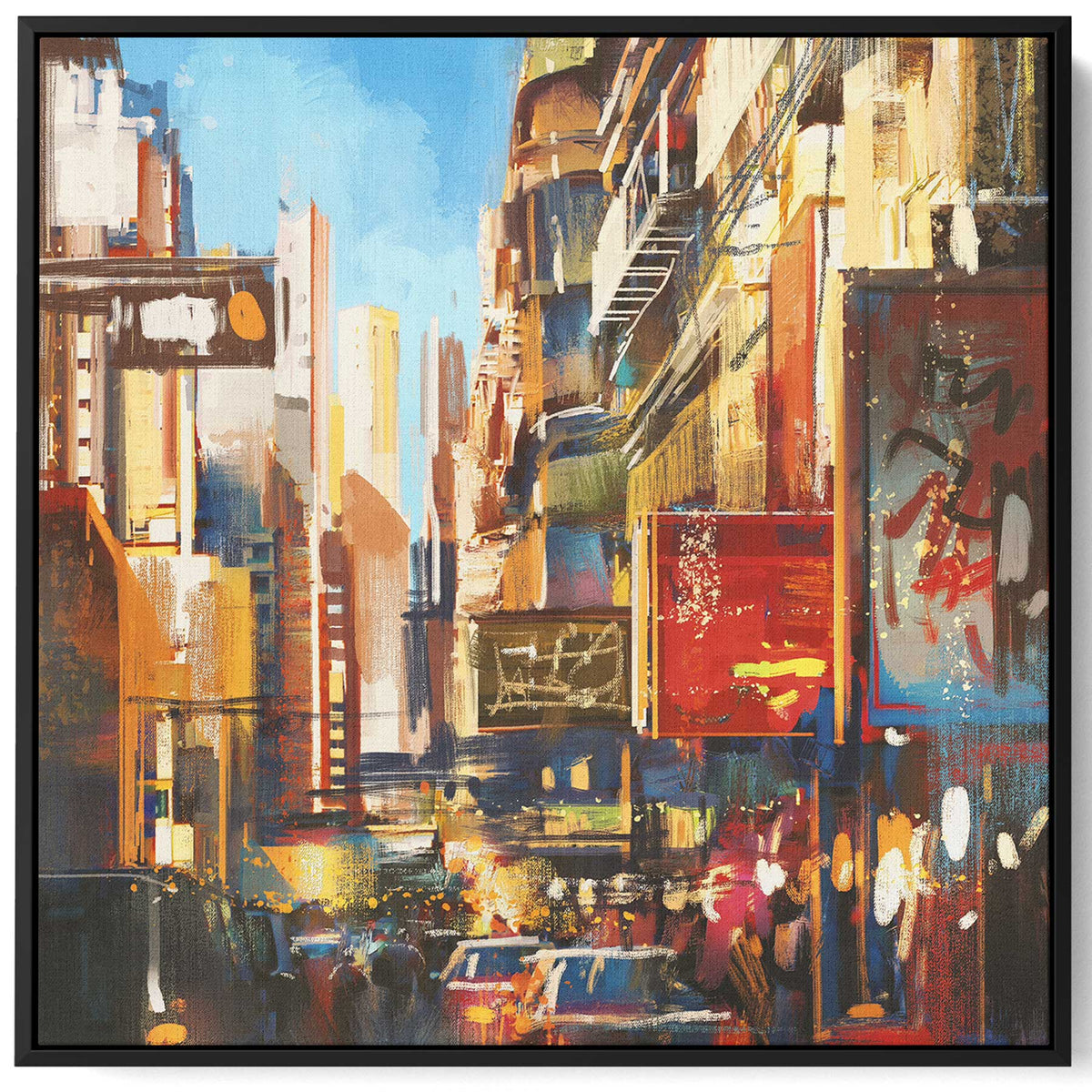 Square Canvas Wall Art Stretched Over Wooden Frame with Black Floating Frame and Colorful City View Painting Paintings & Pictures| LOWHA