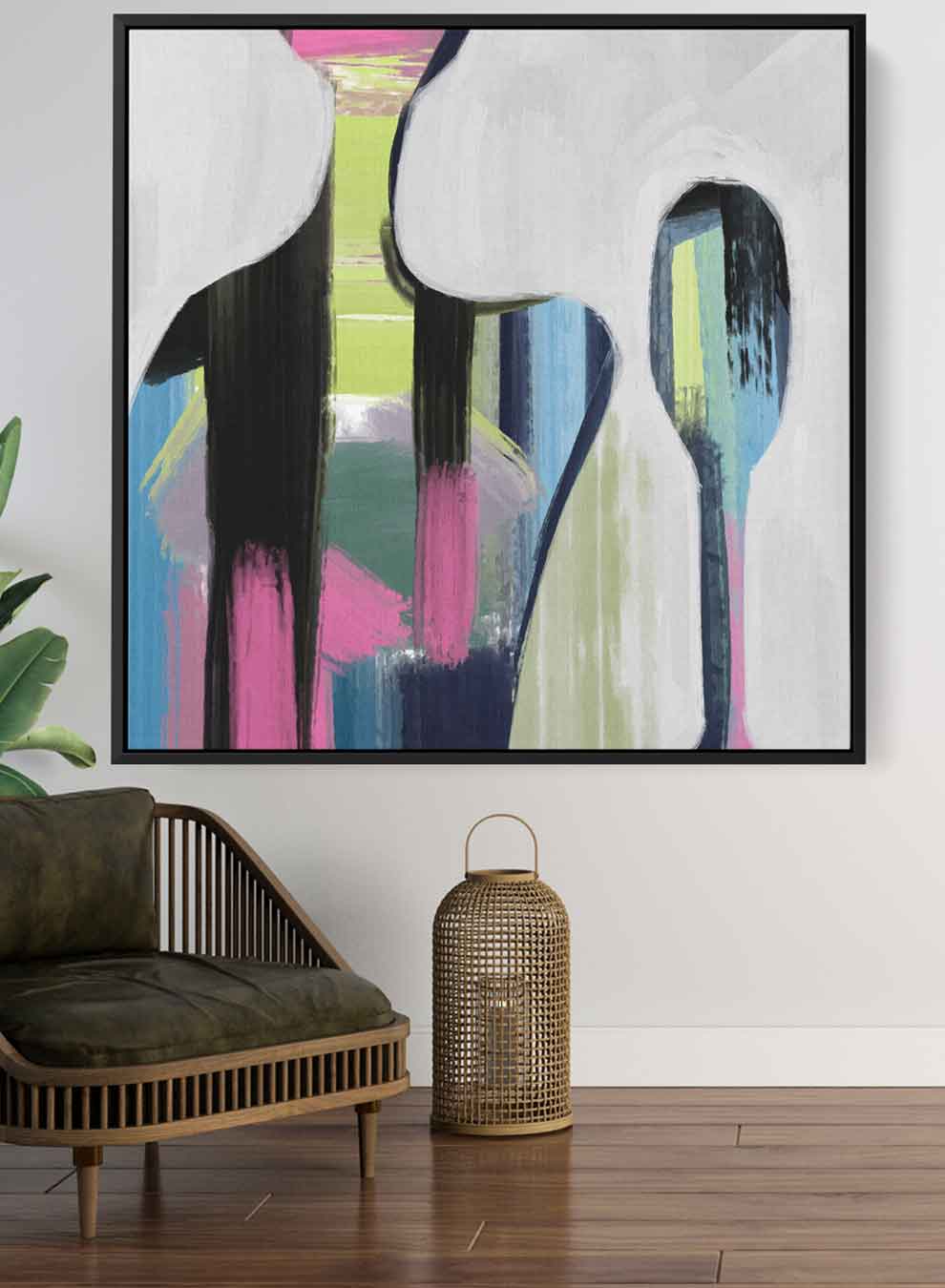 Square Canvas Wall Art Stretched Over Wooden Frame with Black Floating Frame and Colorful Couple Of People Painting Paintings & Pictures| LOWHA