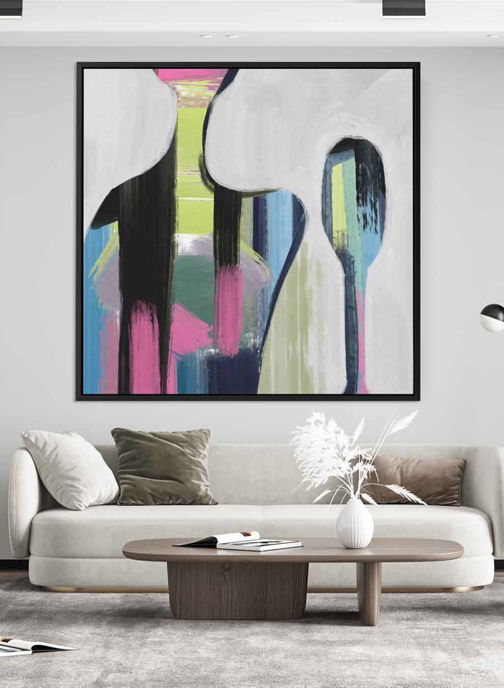Square Canvas Wall Art Stretched Over Wooden Frame with Black Floating Frame and Colorful Couple Of People Painting Paintings & Pictures| LOWHA