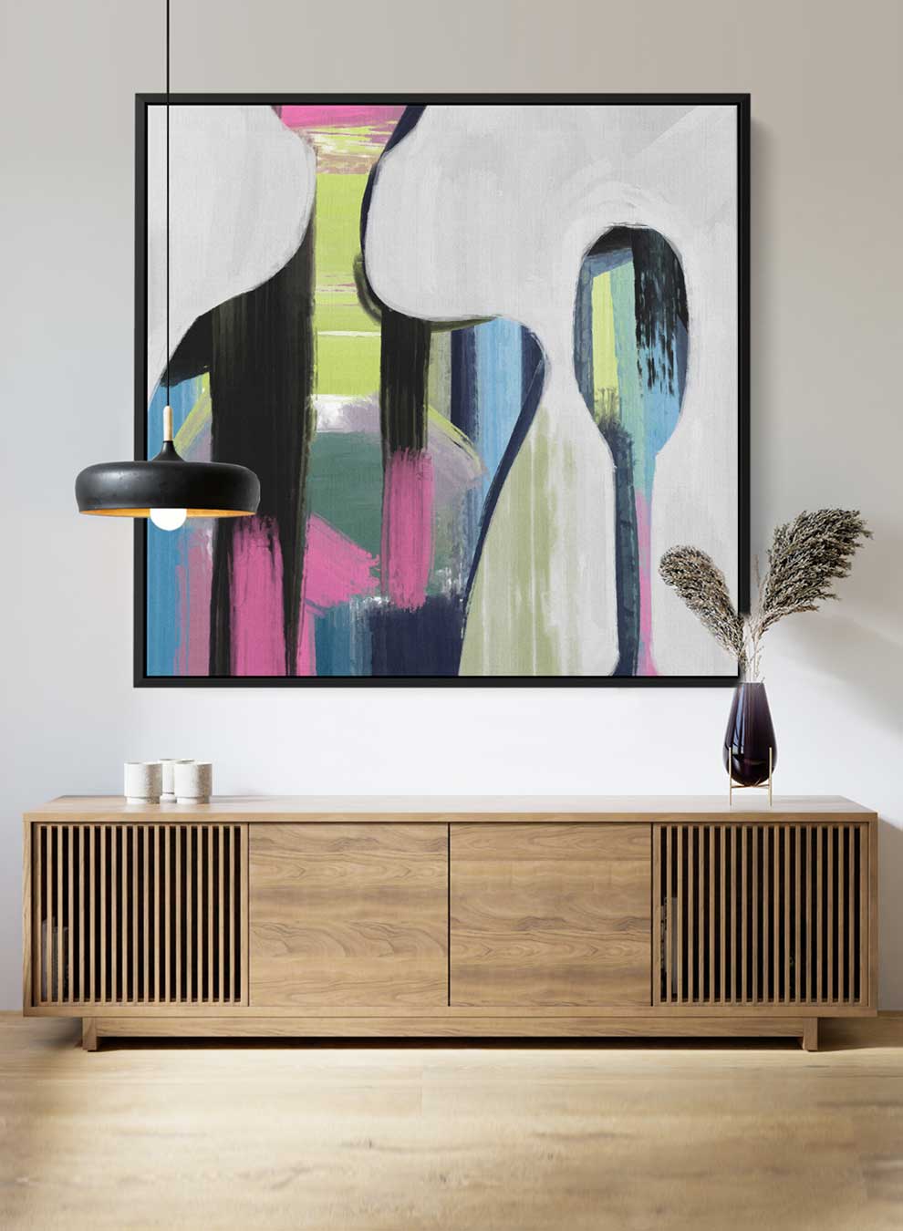 Square Canvas Wall Art Stretched Over Wooden Frame with Black Floating Frame and Colorful Couple Of People Painting Paintings & Pictures| LOWHA