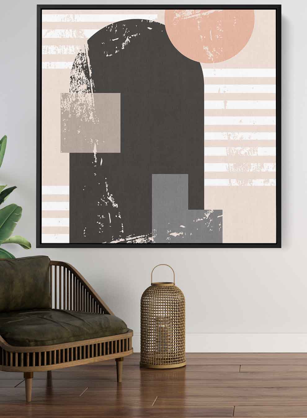 Square Canvas Wall Art Stretched Over Wooden Frame with Black Floating Frame and Colorful Shapes Painting Paintings & Pictures| LOWHA