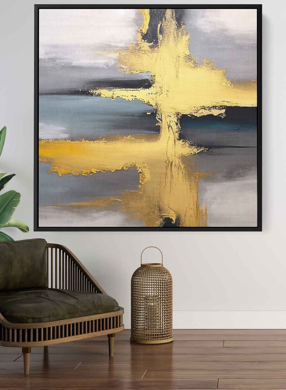 Square Canvas Wall Art Stretched Over Wooden Frame with Black Floating Frame and Crossing Golden Line Painting Paintings & Pictures| LOWHA