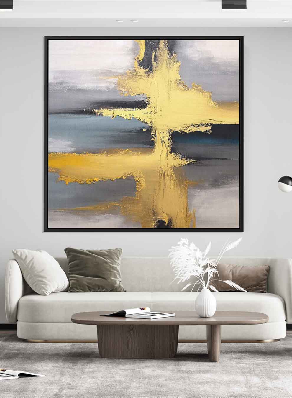 Square Canvas Wall Art Stretched Over Wooden Frame with Black Floating Frame and Crossing Golden Line Painting Paintings & Pictures| LOWHA