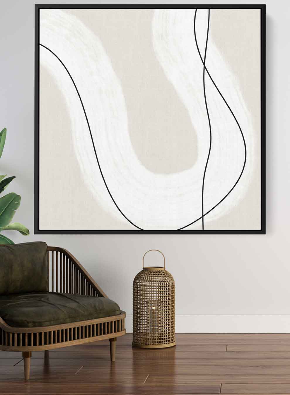 Square Canvas Wall Art Stretched Over Wooden Frame with Black Floating Frame and Curved Line Abstract Painting Paintings & Pictures| LOWHA