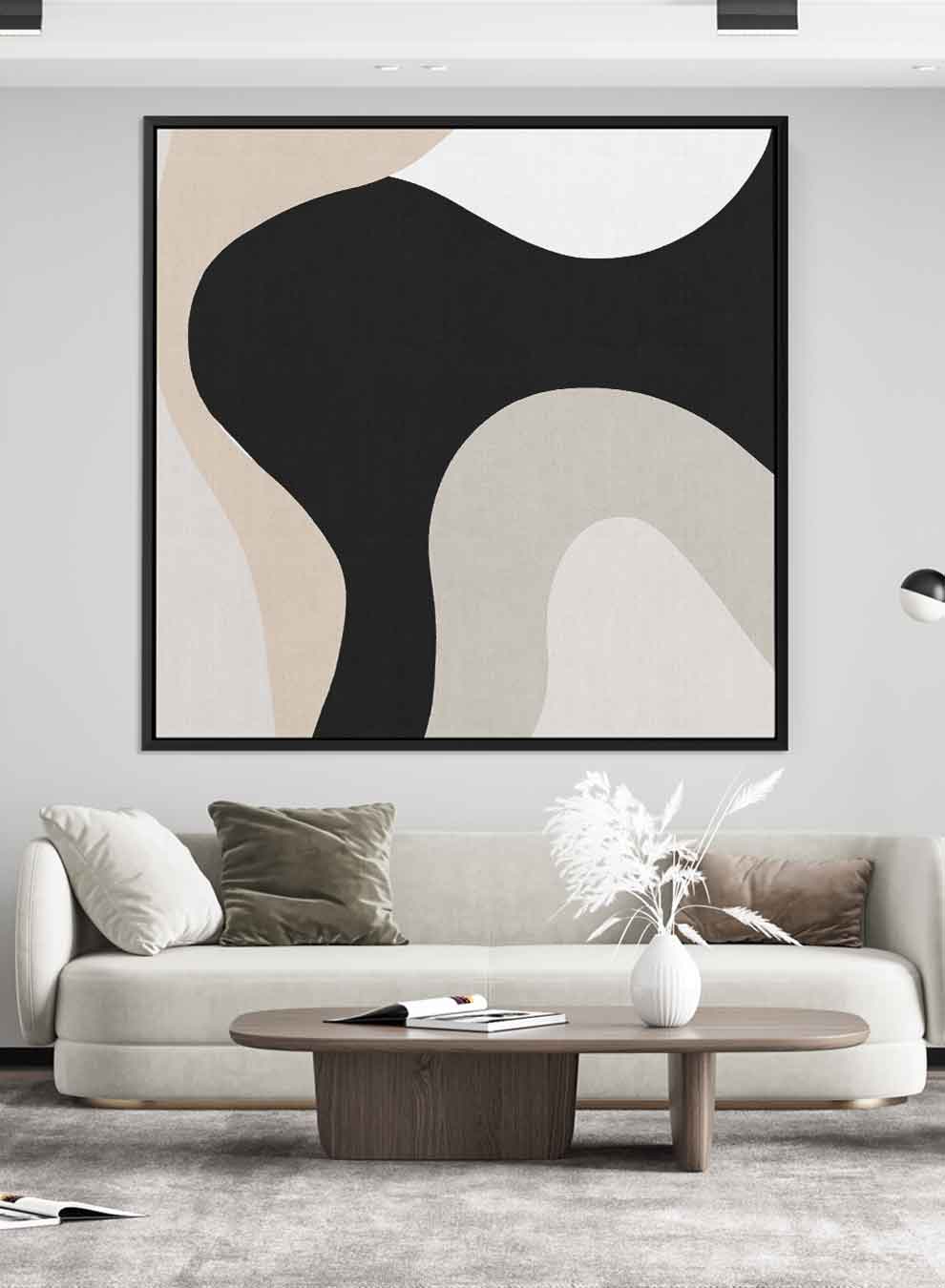 Square Canvas Wall Art Stretched Over Wooden Frame with Black Floating Frame and Curved Stripes Abstract Painting Paintings & Pictures| LOWHA