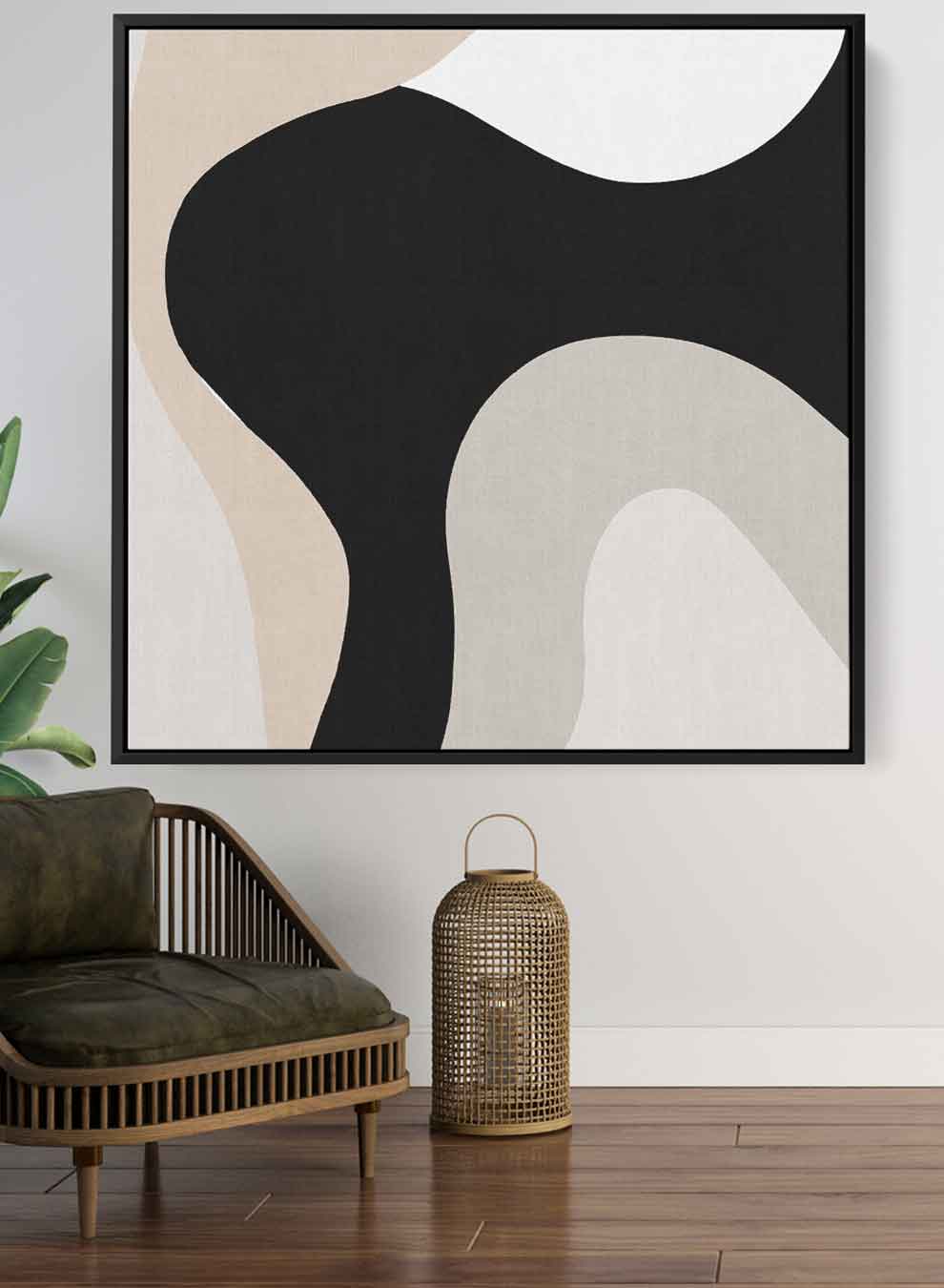 Square Canvas Wall Art Stretched Over Wooden Frame with Black Floating Frame and Curved Stripes Abstract Painting Paintings & Pictures| LOWHA