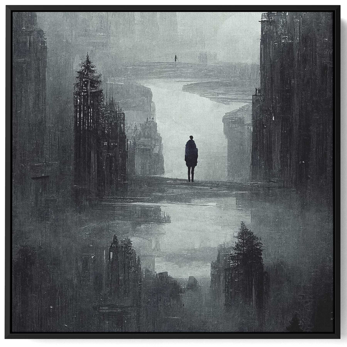 Square Canvas Wall Art Stretched Over Wooden Frame with Black Floating Frame and Dark Gloomy Scene Of The City Painting Paintings & Pictures| LOWHA