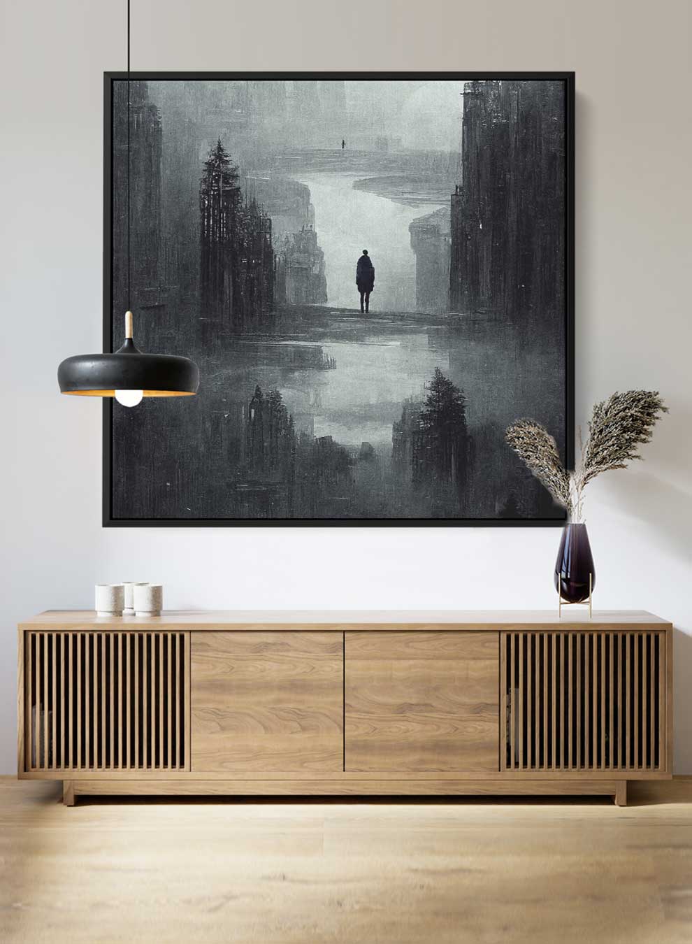 Square Canvas Wall Art Stretched Over Wooden Frame with Black Floating Frame and Dark Gloomy Scene Of The City Painting Paintings & Pictures| LOWHA