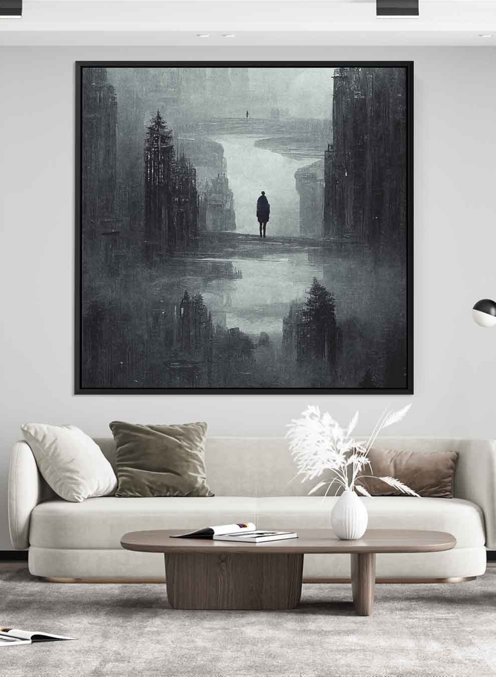 Square Canvas Wall Art Stretched Over Wooden Frame with Black Floating Frame and Dark Gloomy Scene Of The City Painting Paintings & Pictures| LOWHA