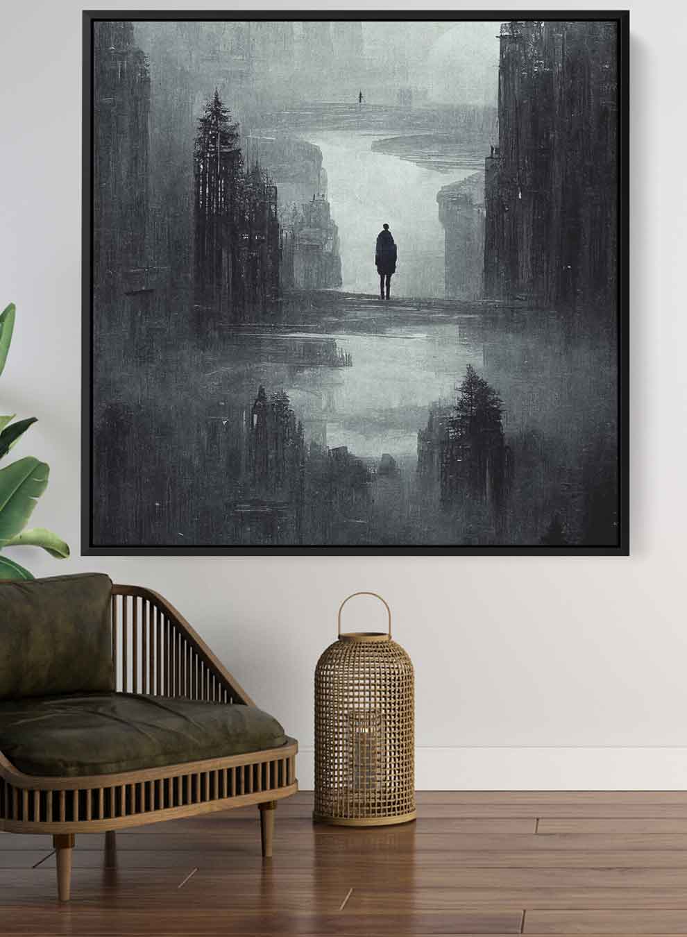 Square Canvas Wall Art Stretched Over Wooden Frame with Black Floating Frame and Dark Gloomy Scene Of The City Painting Paintings & Pictures| LOWHA