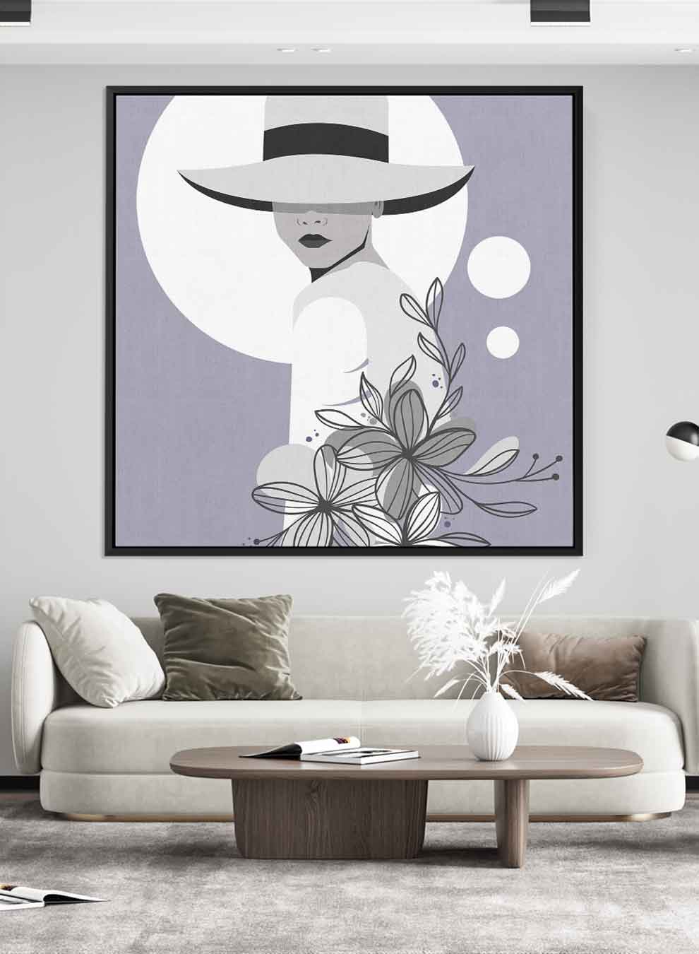 Square Canvas Wall Art Stretched Over Wooden Frame with Black Floating Frame and Elegant Lady Portrait Paintings & Pictures| LOWHA