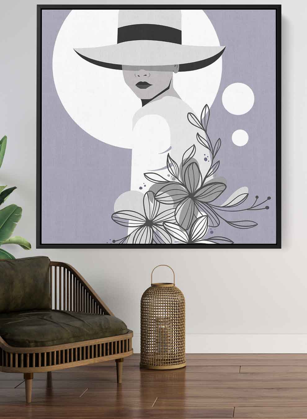 Square Canvas Wall Art Stretched Over Wooden Frame with Black Floating Frame and Elegant Lady Portrait Paintings & Pictures| LOWHA