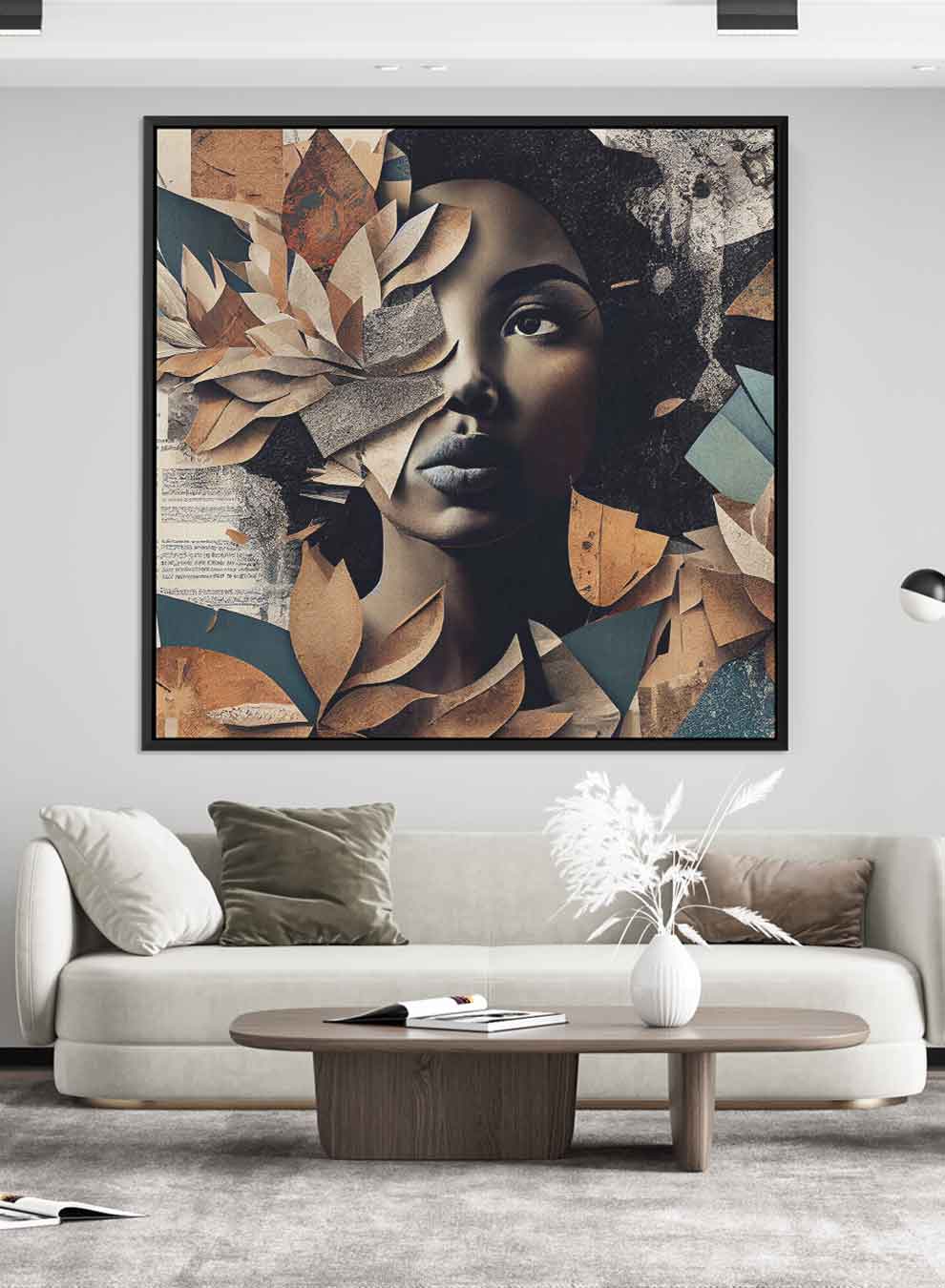Square Canvas Wall Art Stretched Over Wooden Frame with Black Floating Frame and Elegant Lady With Autumn Leaves Painting Paintings & Pictures| LOWHA