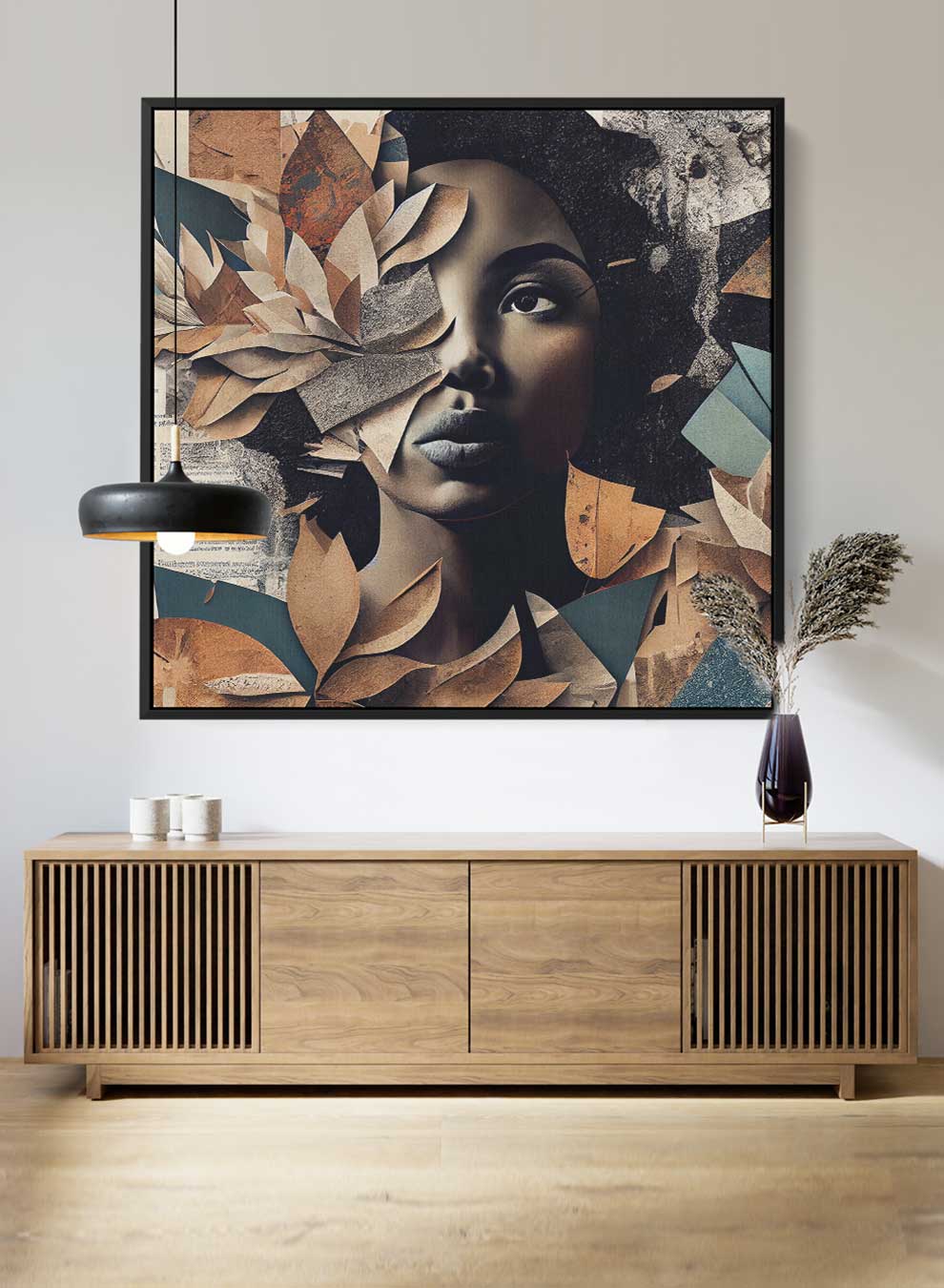 Square Canvas Wall Art Stretched Over Wooden Frame with Black Floating Frame and Elegant Lady With Autumn Leaves Painting Paintings & Pictures| LOWHA
