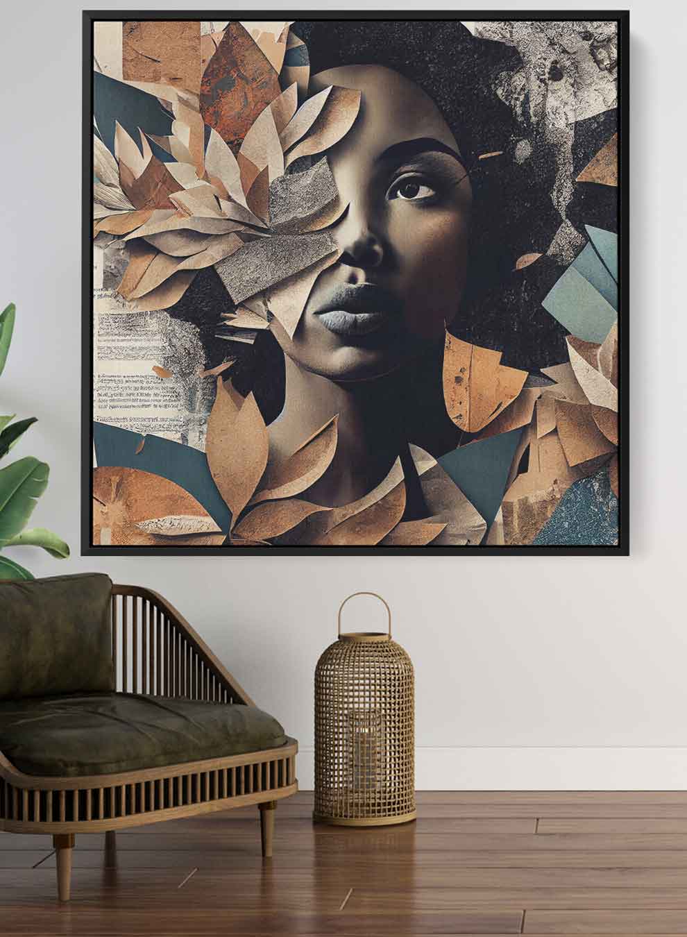 Square Canvas Wall Art Stretched Over Wooden Frame with Black Floating Frame and Elegant Lady With Autumn Leaves Painting Paintings & Pictures| LOWHA