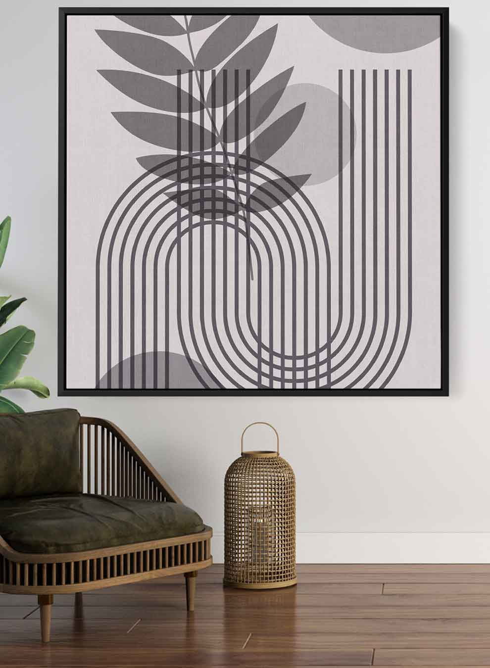 Square Canvas Wall Art Stretched Over Wooden Frame with Black Floating Frame and Floral & Lines Art Painting Paintings & Pictures| LOWHA