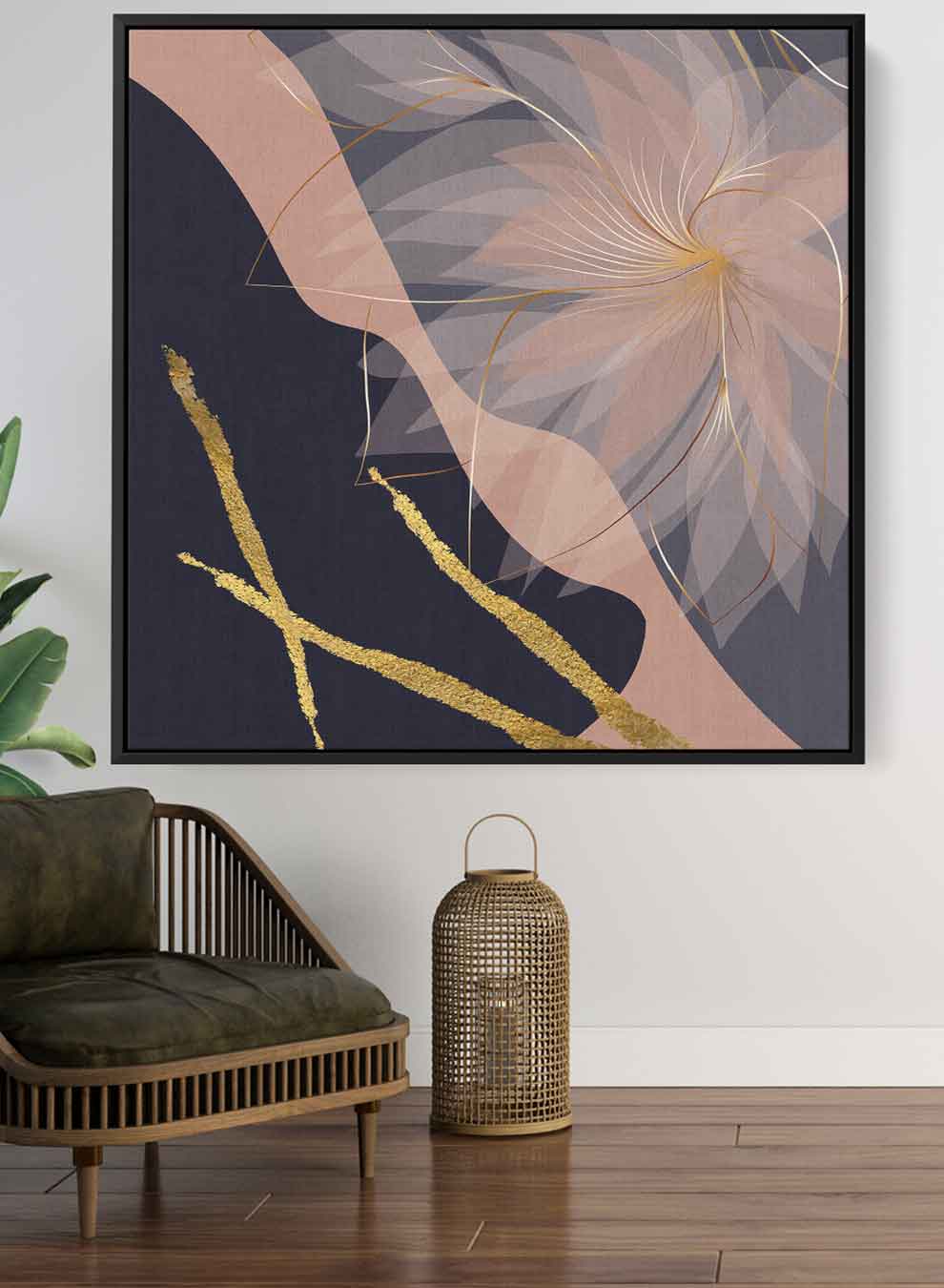 Square Canvas Wall Art Stretched Over Wooden Frame with Black Floating Frame and Flower Abstract Painting Paintings & Pictures| LOWHA