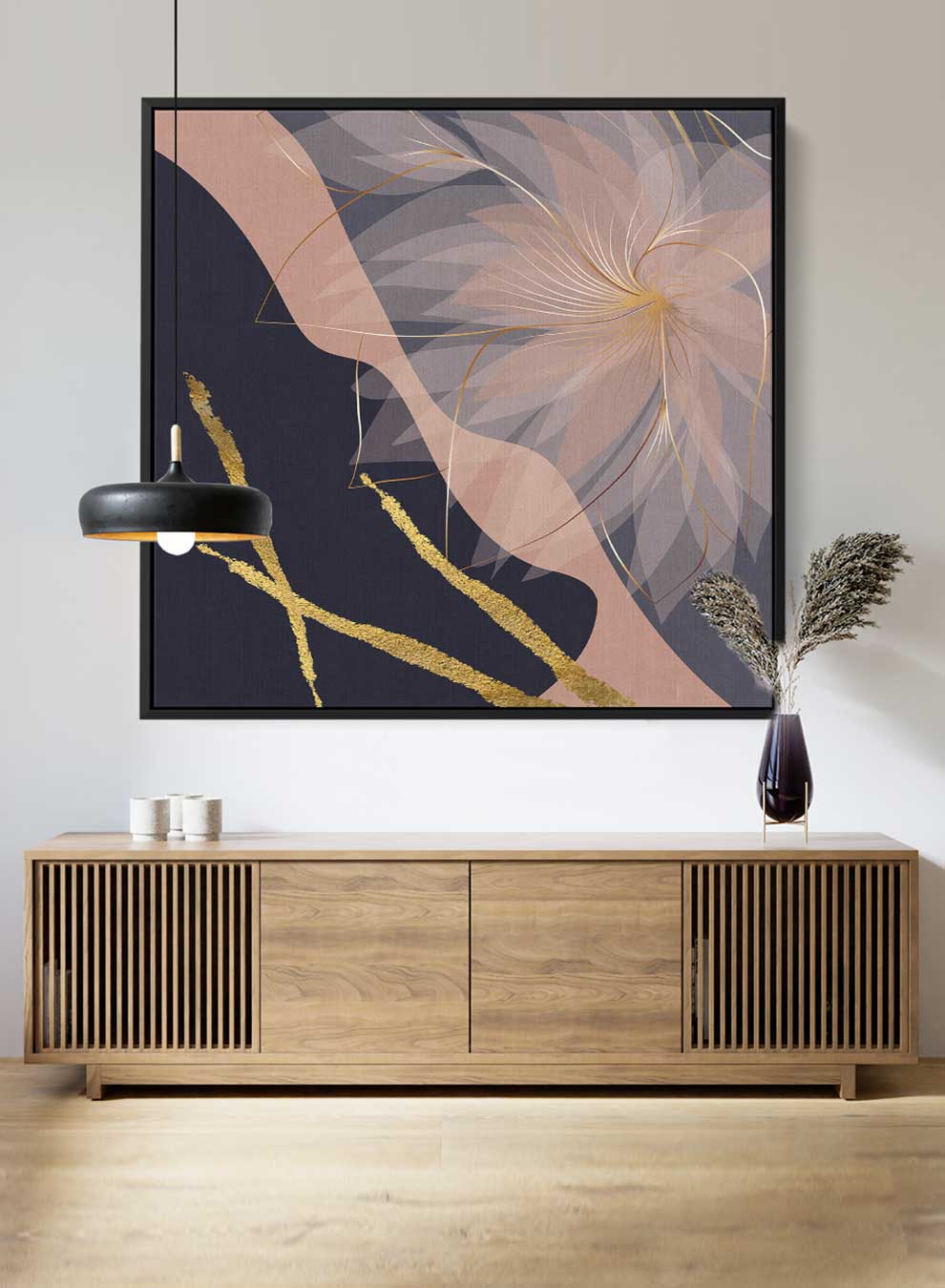 Square Canvas Wall Art Stretched Over Wooden Frame with Black Floating Frame and Flower Abstract Painting Paintings & Pictures| LOWHA
