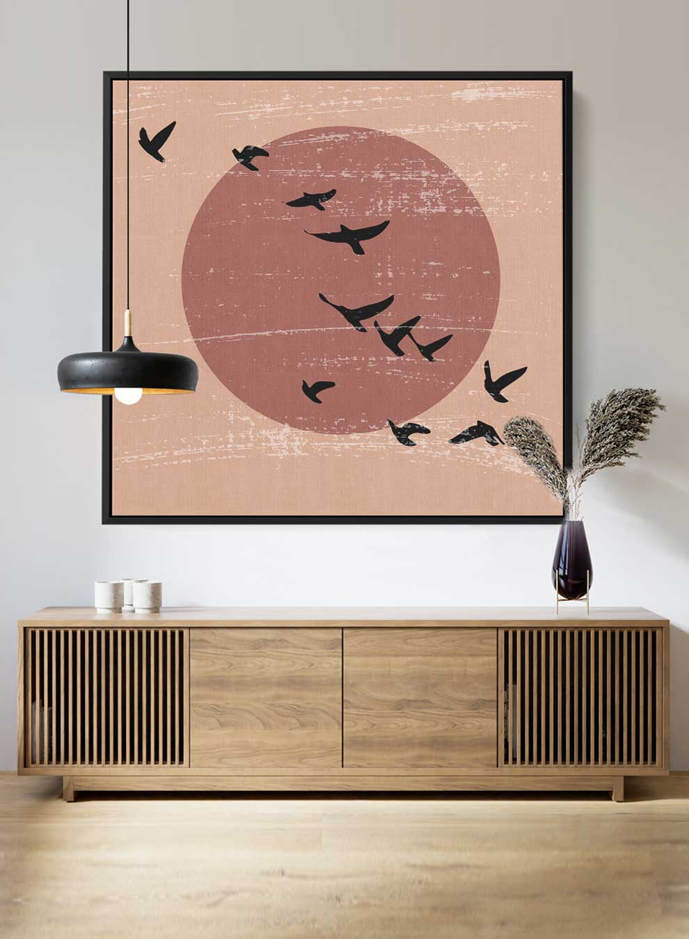 Square Canvas Wall Art Stretched Over Wooden Frame with Black Floating Frame and Flying High Birds Painting Paintings & Pictures| LOWHA