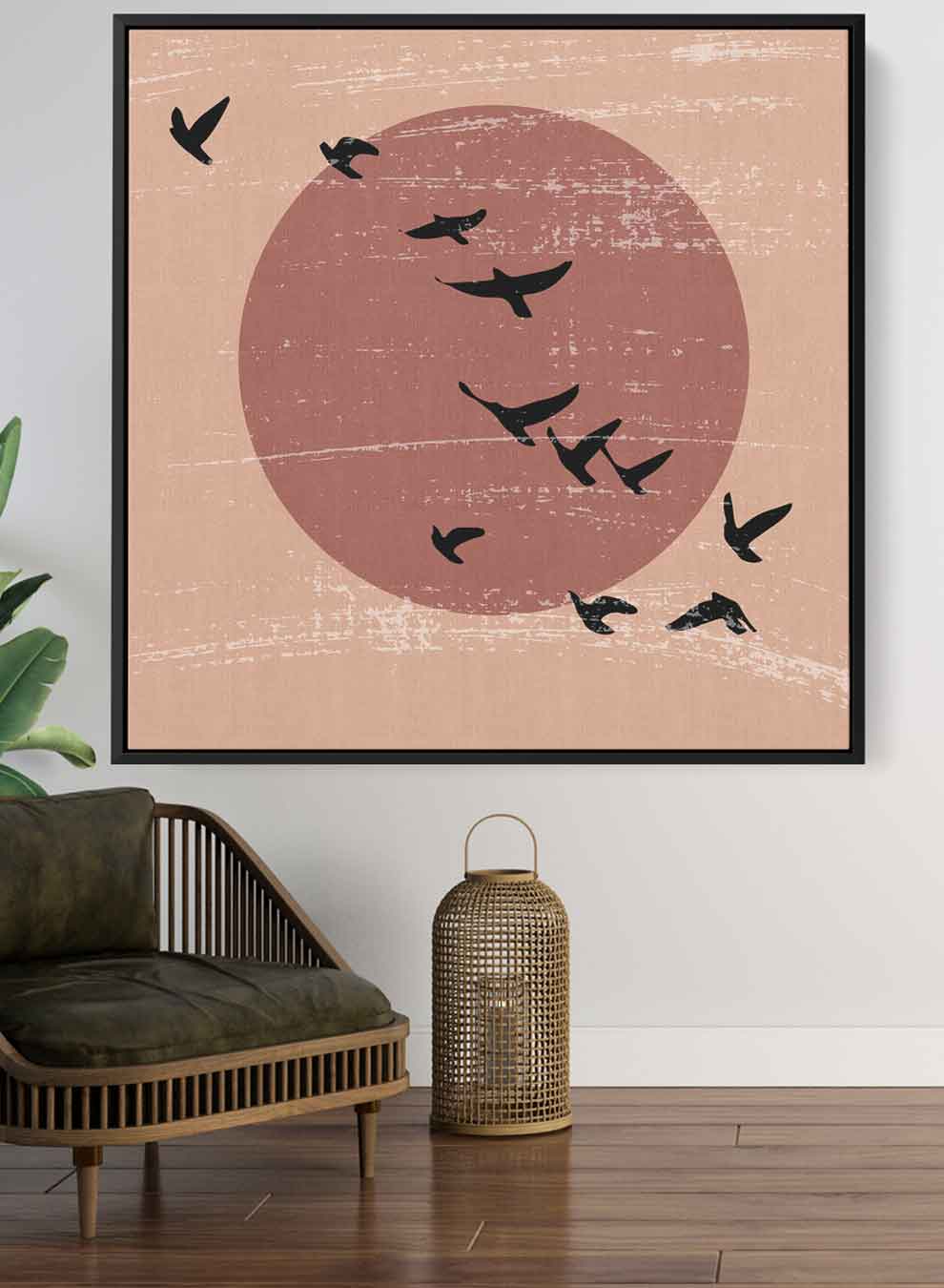 Square Canvas Wall Art Stretched Over Wooden Frame with Black Floating Frame and Flying High Birds Painting Paintings & Pictures| LOWHA
