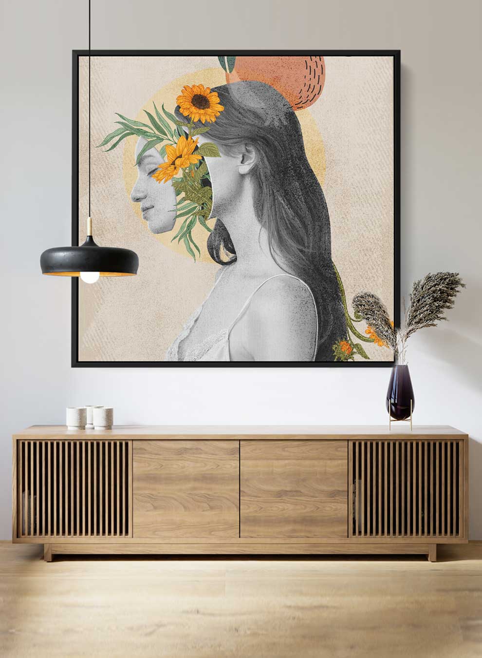 Square Canvas Wall Art Stretched Over Wooden Frame with Black Floating Frame and Girl With Flowers Painting Paintings & Pictures| LOWHA