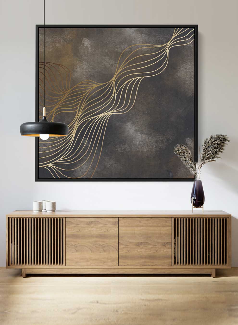 Square Canvas Wall Art Stretched Over Wooden Frame with Black Floating Frame and Gold Abstract Painting Paintings & Pictures| LOWHA