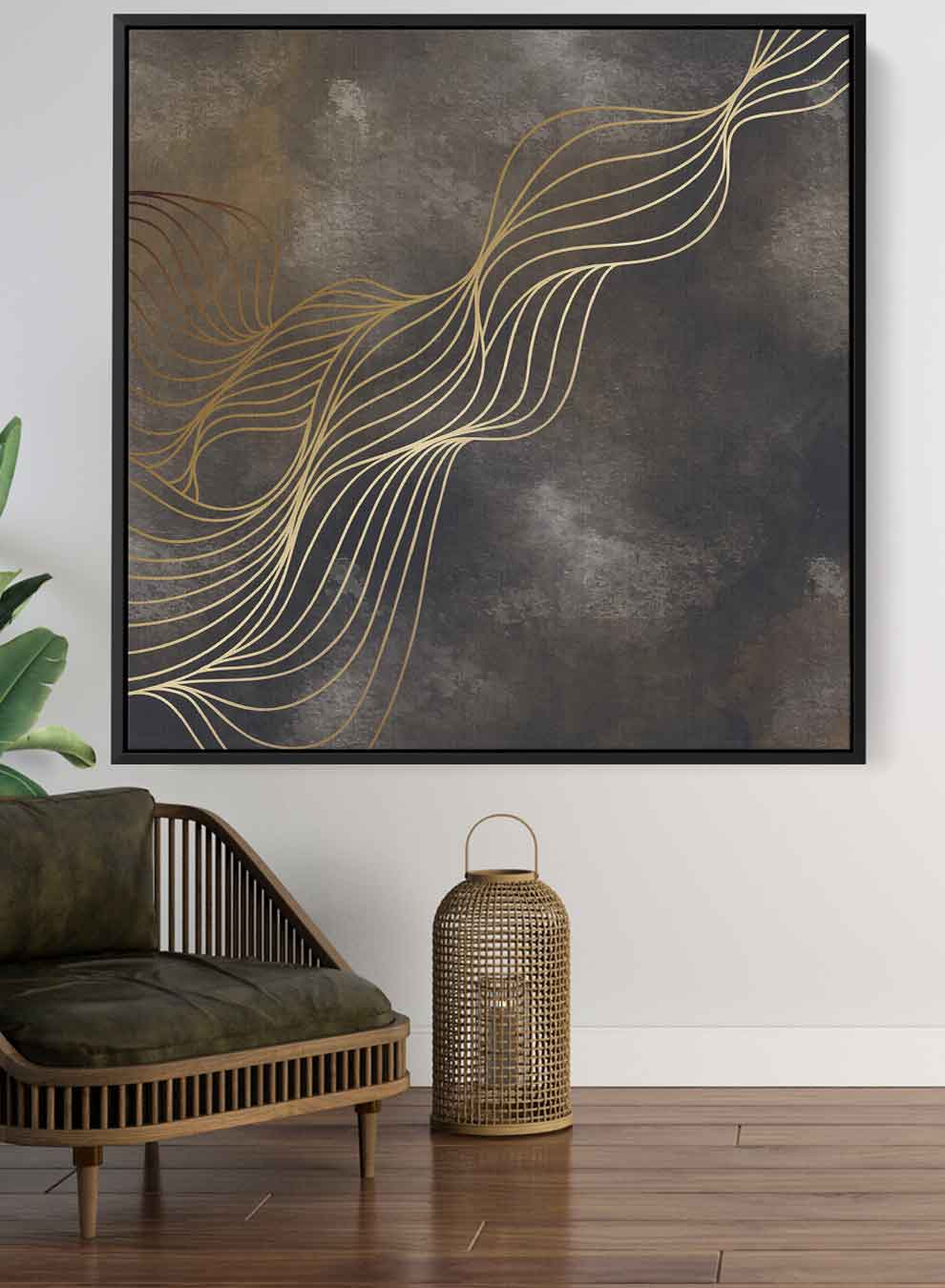 Square Canvas Wall Art Stretched Over Wooden Frame with Black Floating Frame and Gold Abstract Painting Paintings & Pictures| LOWHA