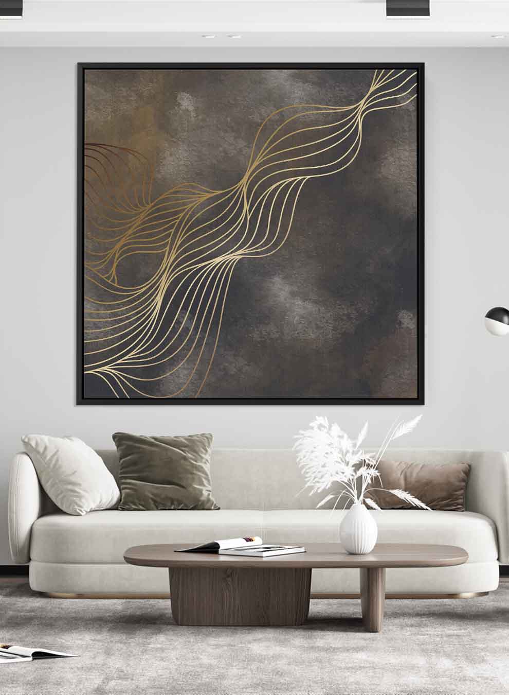 Square Canvas Wall Art Stretched Over Wooden Frame with Black Floating Frame and Gold Abstract Painting Paintings & Pictures| LOWHA