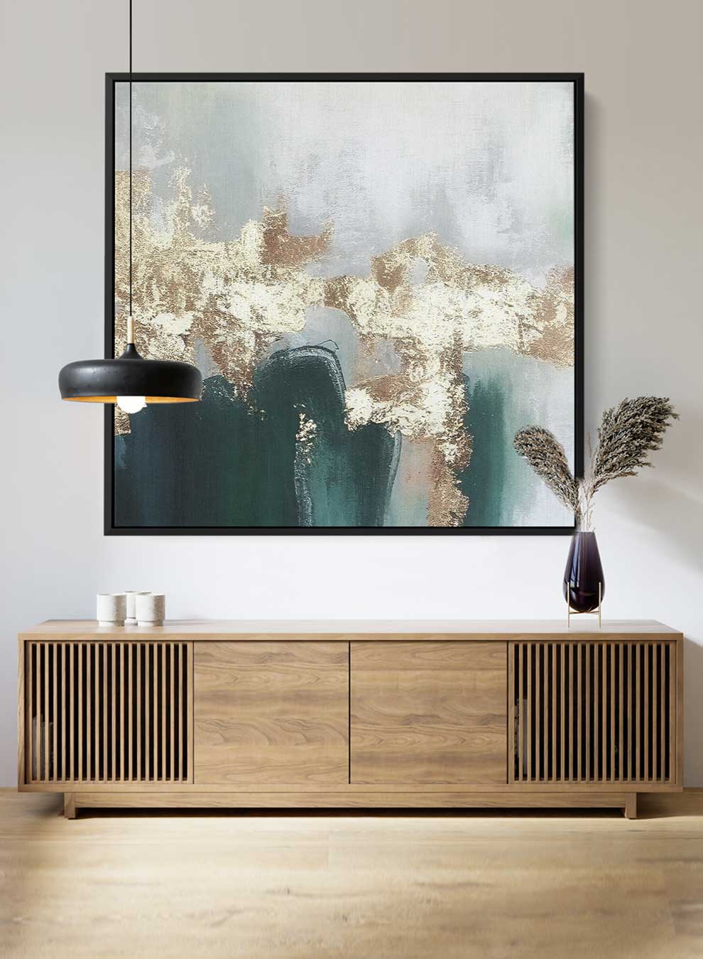 Square Canvas Wall Art Stretched Over Wooden Frame with Black Floating Frame and Gold Green Abstract Painting Paintings & Pictures| LOWHA
