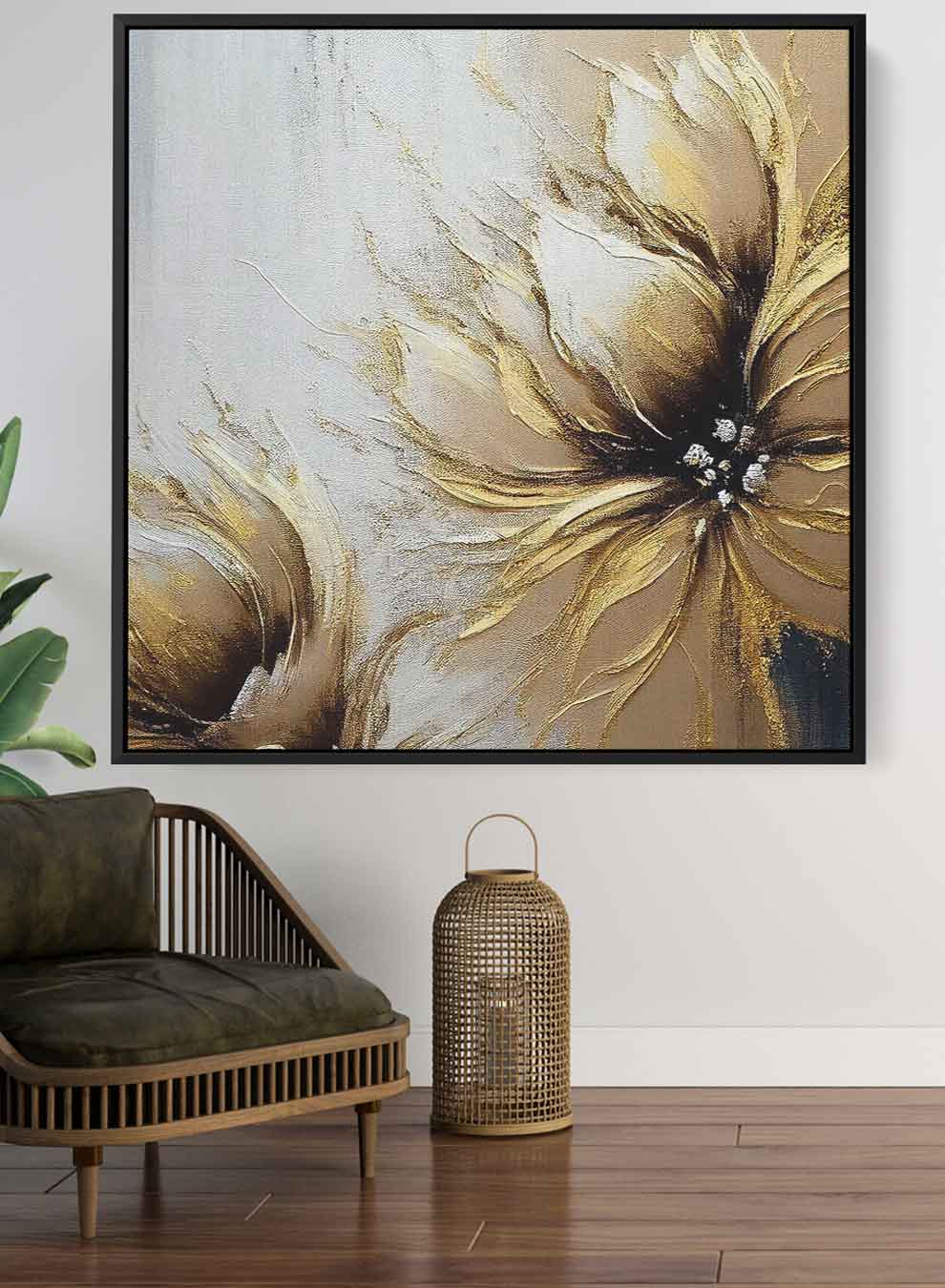 Square Canvas Wall Art Stretched Over Wooden Frame with Black Floating Frame and Golden Flower Painting Paintings & Pictures| LOWHA