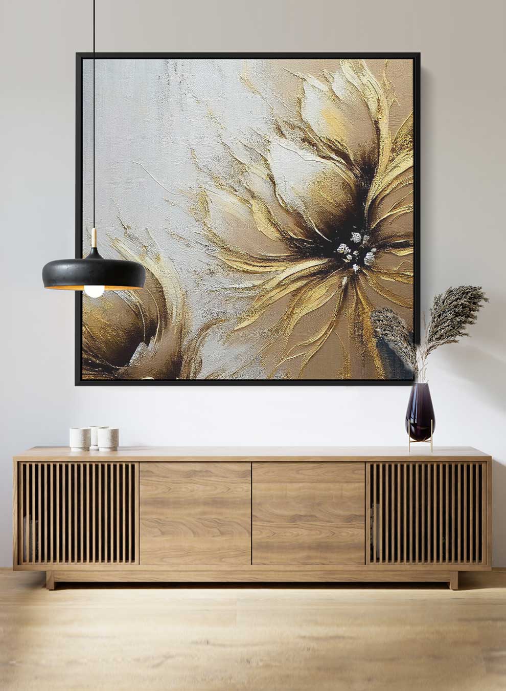 Square Canvas Wall Art Stretched Over Wooden Frame with Black Floating Frame and Golden Flower Painting Paintings & Pictures| LOWHA