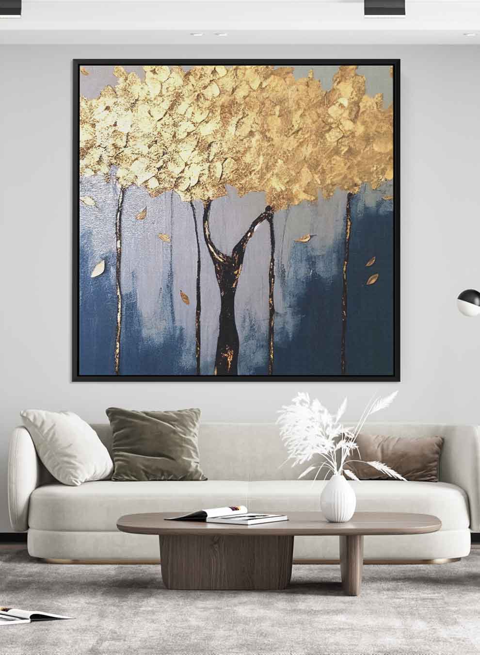 Square Canvas Wall Art Stretched Over Wooden Frame with Black Floating Frame and Golden Tree Painting Paintings & Pictures| LOWHA