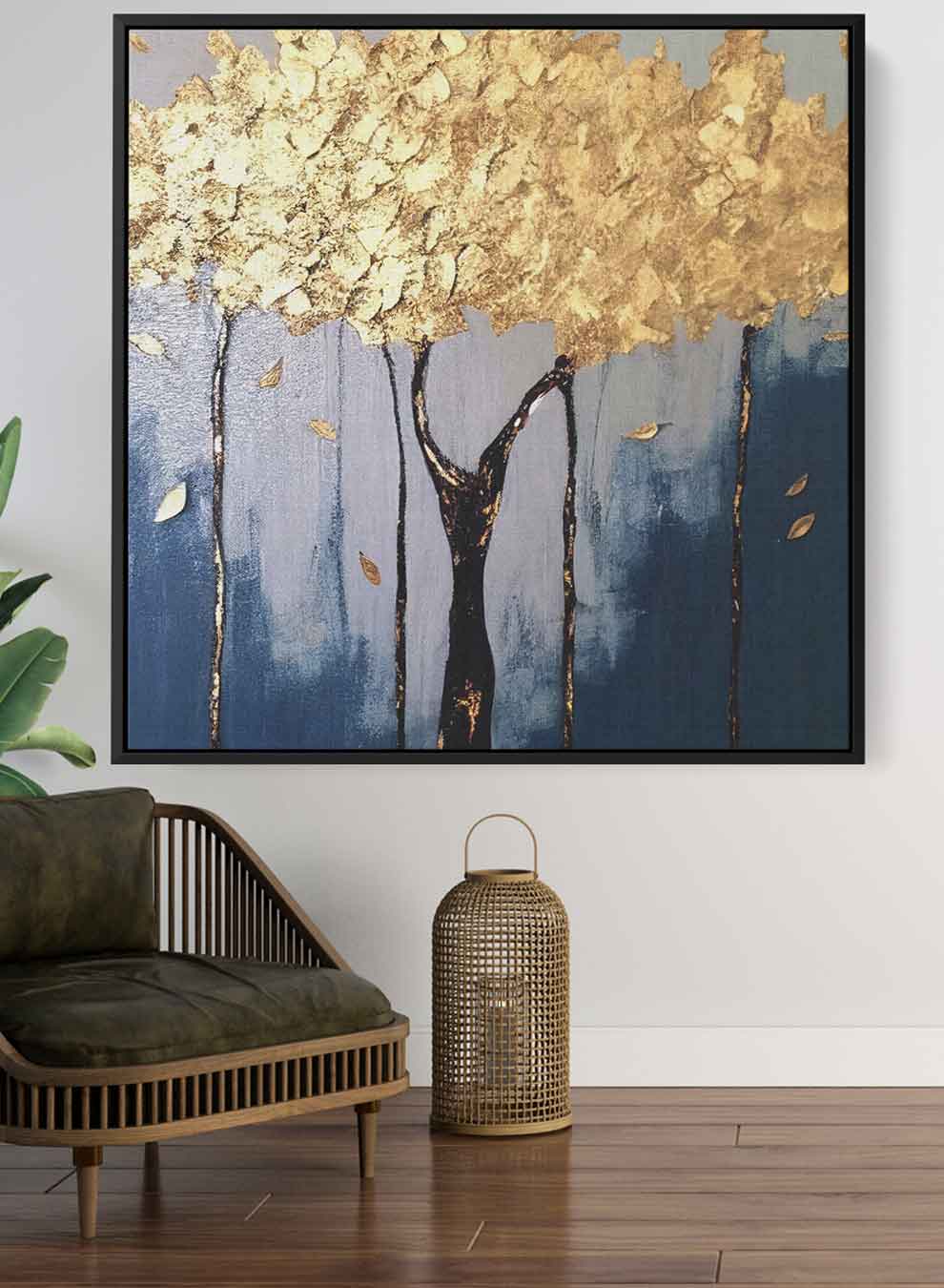 Square Canvas Wall Art Stretched Over Wooden Frame with Black Floating Frame and Golden Tree Painting Paintings & Pictures| LOWHA