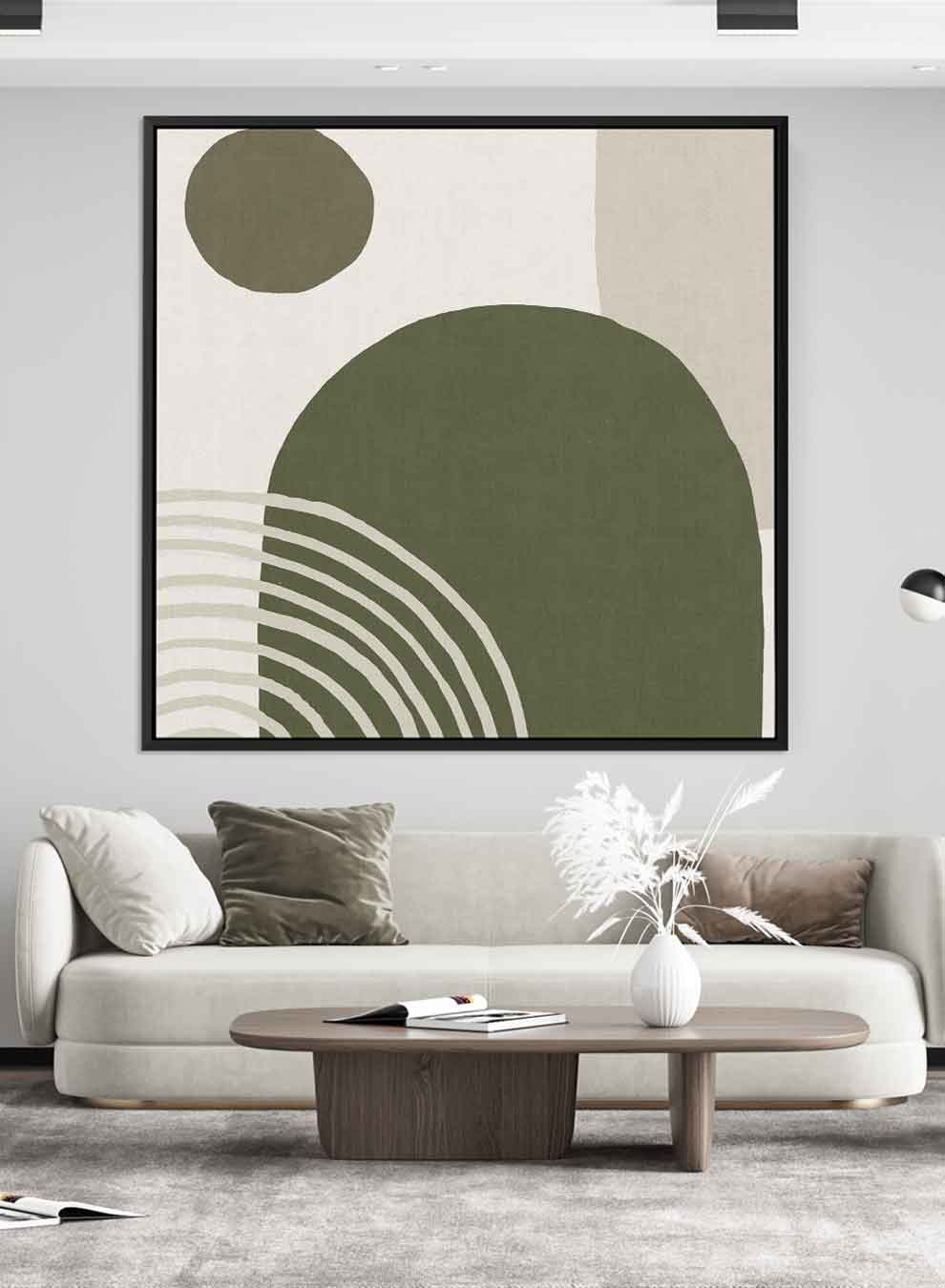 Square Canvas Wall Art Stretched Over Wooden Frame with Black Floating Frame and Green Abstract Painting Paintings & Pictures| LOWHA