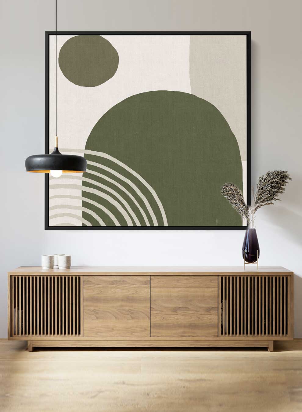 Square Canvas Wall Art Stretched Over Wooden Frame with Black Floating Frame and Green Abstract Painting Paintings & Pictures| LOWHA