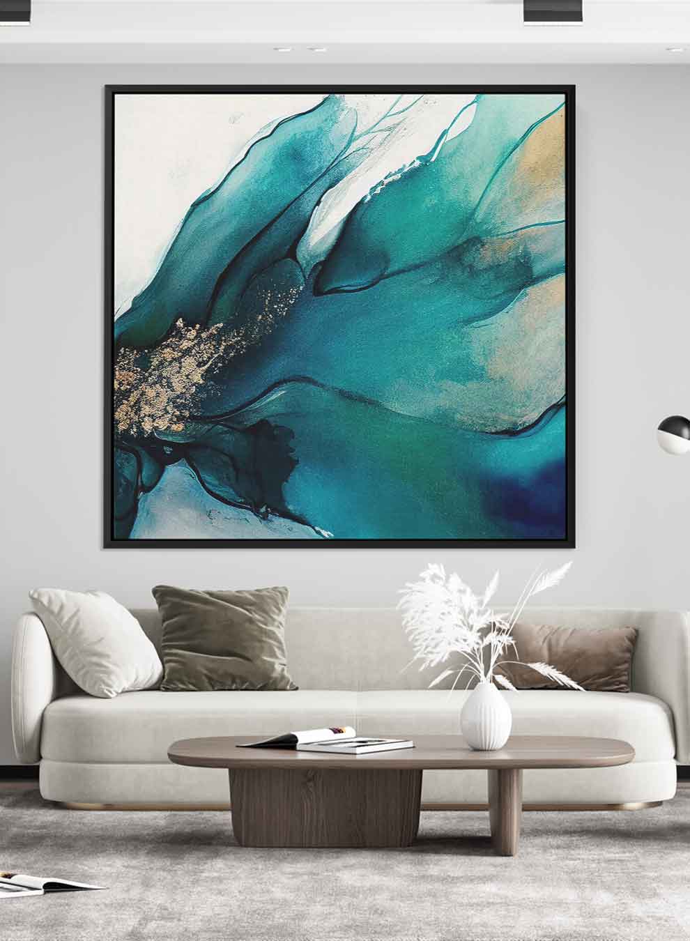 Square Canvas Wall Art Stretched Over Wooden Frame with Black Floating Frame and Green Blue Abstract Painting Paintings & Pictures| LOWHA