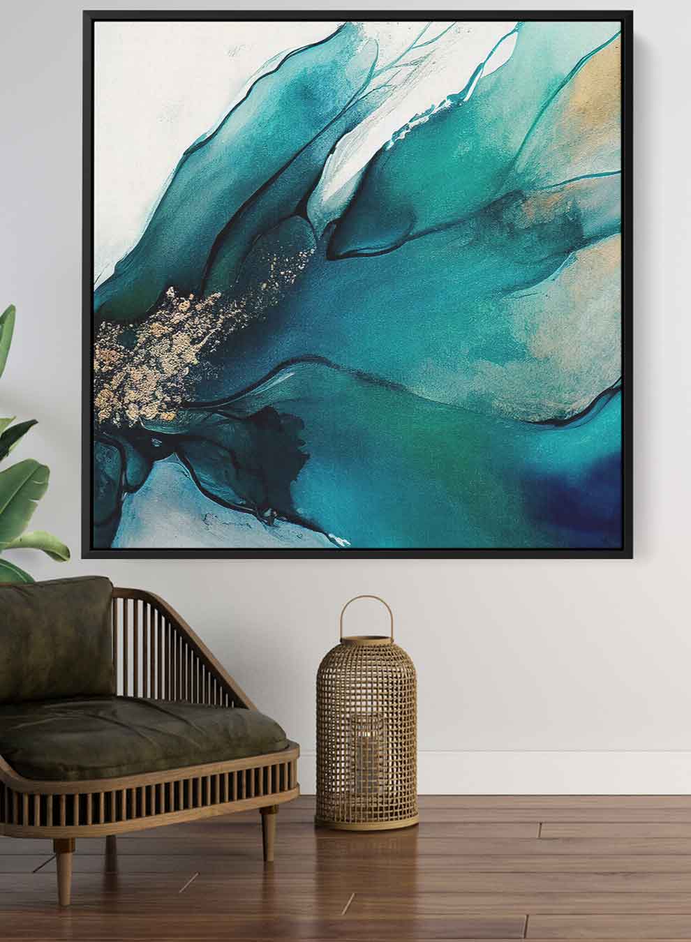 Square Canvas Wall Art Stretched Over Wooden Frame with Black Floating Frame and Green Blue Abstract Painting Paintings & Pictures| LOWHA