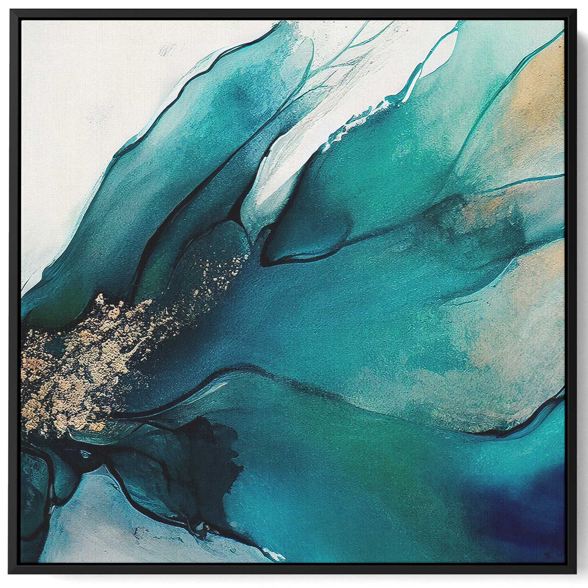 Square Canvas Wall Art Stretched Over Wooden Frame with Black Floating Frame and Green Blue Abstract Painting Paintings & Pictures| LOWHA