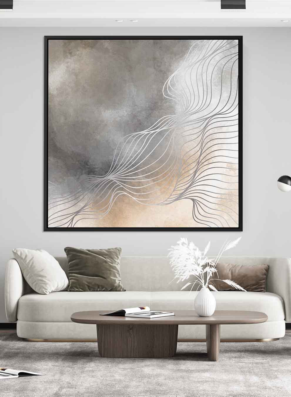 Square Canvas Wall Art Stretched Over Wooden Frame with Black Floating Frame and Grey Abstract Painting Paintings & Pictures| LOWHA