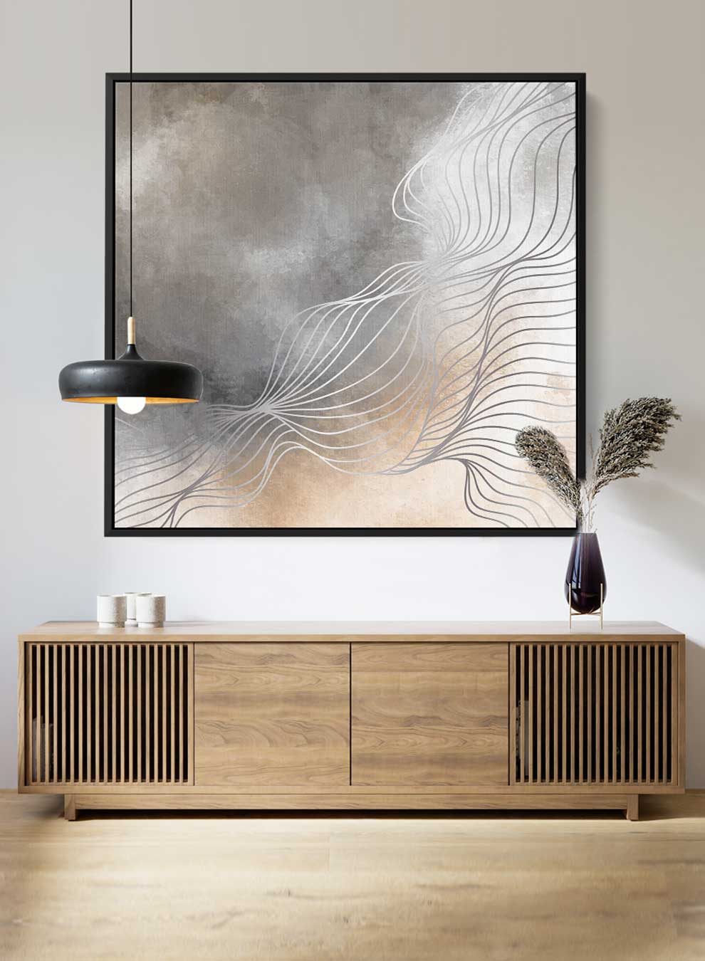 Square Canvas Wall Art Stretched Over Wooden Frame with Black Floating Frame and Grey Abstract Painting Paintings & Pictures| LOWHA