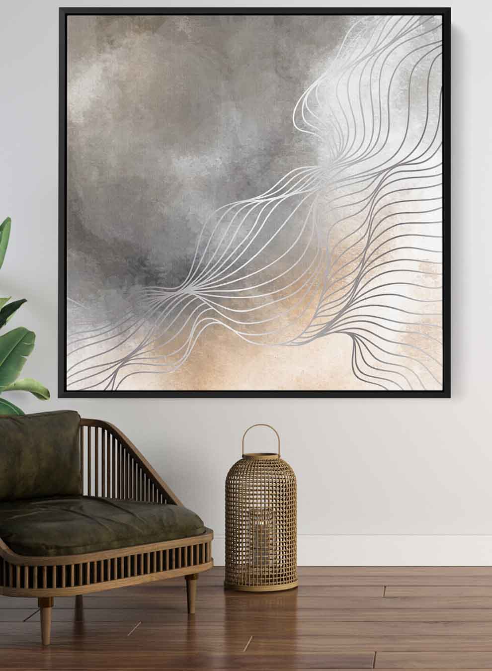 Square Canvas Wall Art Stretched Over Wooden Frame with Black Floating Frame and Grey Abstract Painting Paintings & Pictures| LOWHA