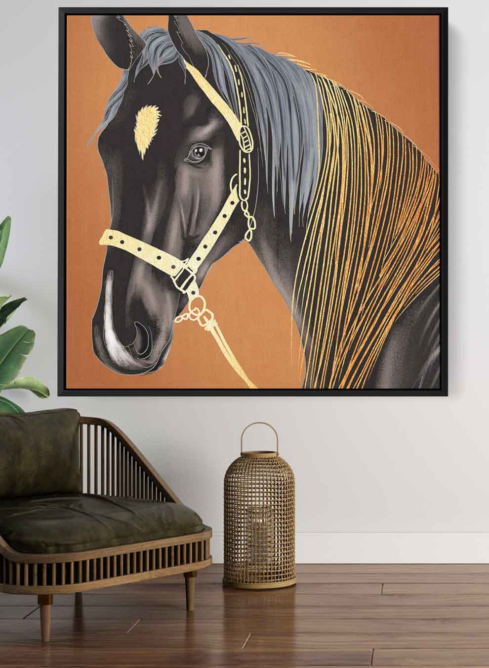 Square Canvas Wall Art Stretched Over Wooden Frame with Black Floating Frame and Horse Abstract Painting Paintings & Pictures| LOWHA