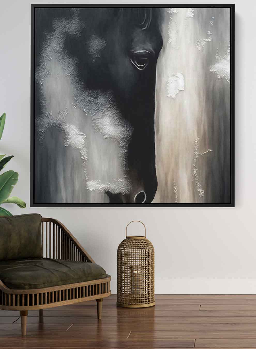 Square Canvas Wall Art Stretched Over Wooden Frame with Black Floating Frame and Horse Face Abstract Painting Paintings & Pictures| LOWHA