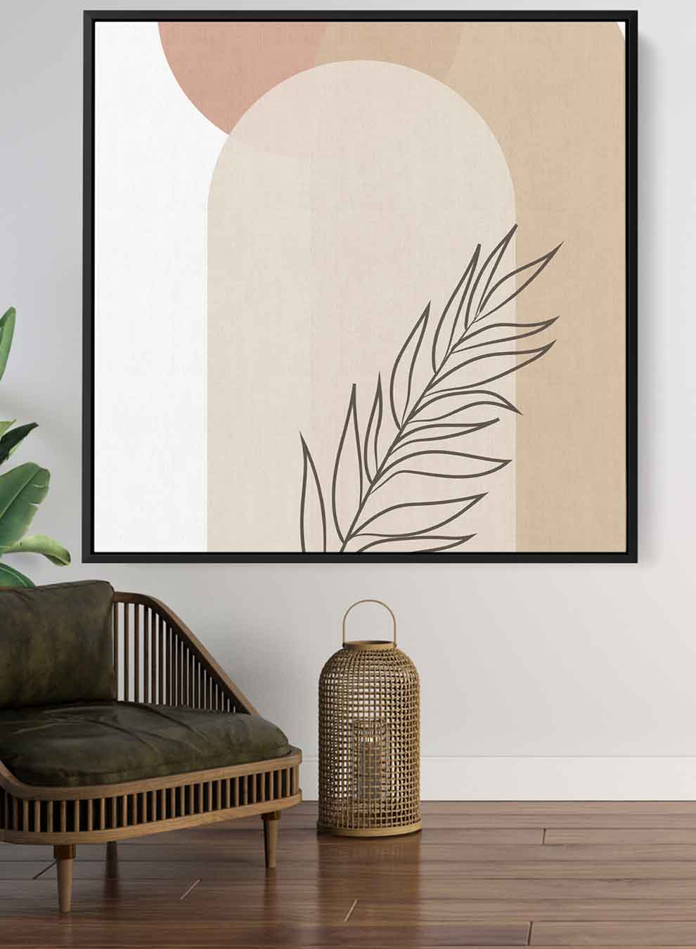 Square Canvas Wall Art Stretched Over Wooden Frame with Black Floating Frame and Leave Abstract Painting Paintings & Pictures| LOWHA