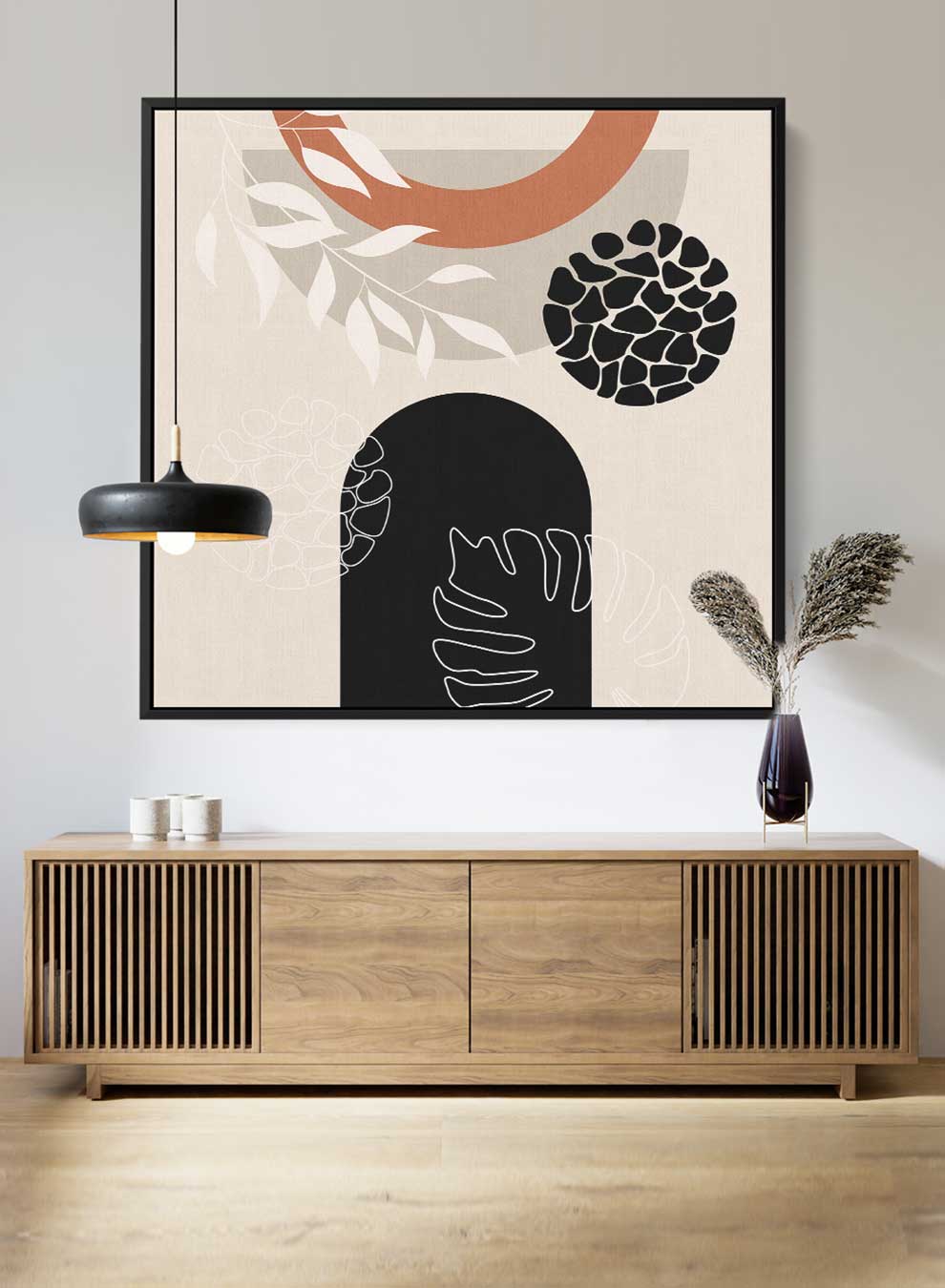 Square Canvas Wall Art Stretched Over Wooden Frame with Black Floating Frame and Leaves Abstract Art Paintings & Pictures| LOWHA