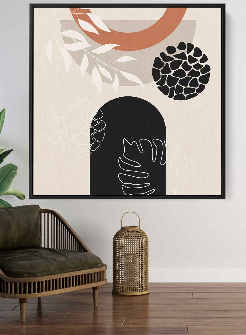 Square Canvas Wall Art Stretched Over Wooden Frame with Black Floating Frame and Leaves Abstract Art Paintings & Pictures| LOWHA